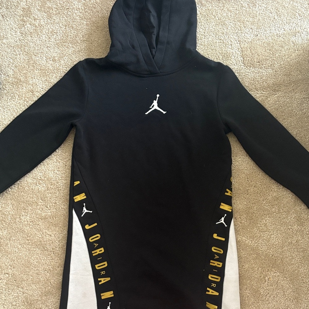 Jordan Black Hoodie Dress with White Panels and Gold Accents